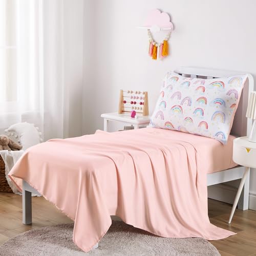 Wake In Cloud - Rainbow Toddler Bedding Set for Girls, Cute Colorful Pastel Rainbow with Clouds, 4 Pieces Soft Crib Bed Set Including Comforter, Sheets and Pillowcase, White Pink Wake In Cloud