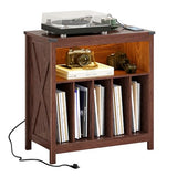 ChooChoo Large Record Player Stand with Charging Station & LED Light, Vinyl Record Holder hold up to 300 Albums, Farmhouse End Table for Bedroom, Living Room, Walnut ChooChoo