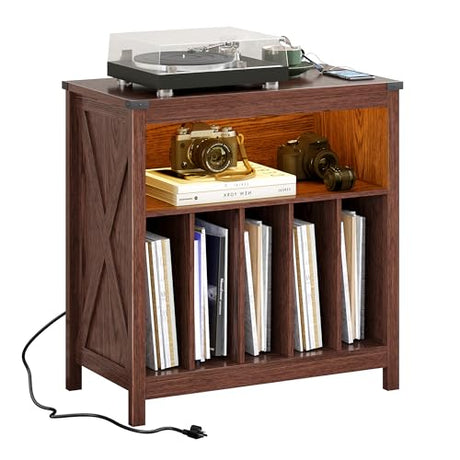 ChooChoo Large Record Player Stand with Charging Station & LED Light, Vinyl Record Holder hold up to 300 Albums, Farmhouse End Table for Bedroom, Living Room, Walnut ChooChoo
