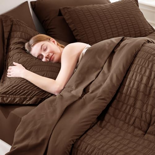 CozyLux King Size Comforter Set Brown Seersucker 7 Pieces Bed in a Bag King Comforter Set with Sheets, Luxury Soft Bedding Set with Down Alternative Comforter, Sheets, Pillowcases & Shams All Seasons CozyLux
