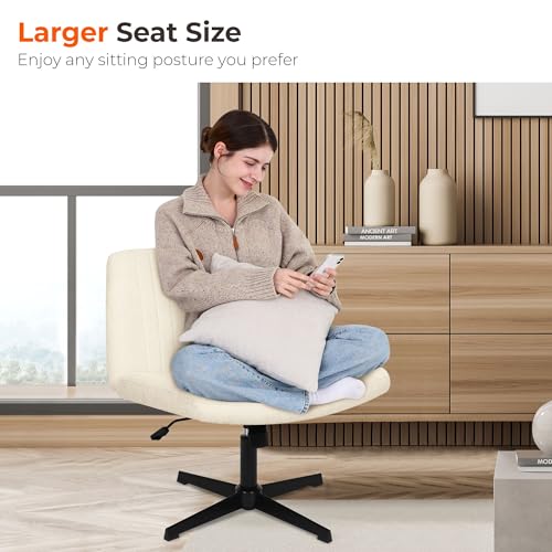 NEO Chair Criss Cross Chair No Wheels Armless Cross Legged Office Desk Wide Comfy Vanity Makeup Chair Adjustable Computer Task for Home Office Fabric (Beige) NEO CHAIR