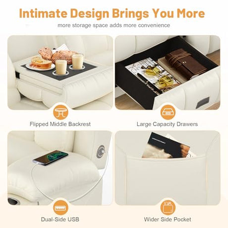 Dresegmt Loveseat Recliner Sofa, Flip Middle Backrest Design PU Leather 3 Seat Reclining Sofa with Storage Drawer, Manual Couch for Living Room (Ivory White, PU) Dresegmt
