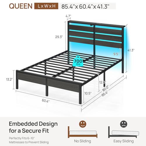 Rolanstar Queen Bed Frame with LED Lights and Charging Station, Wood Storage Headboard and Under Bed Storage, Metal Platform, Noise Free, No Box Spring Needed, Balck Oak Rolanstar