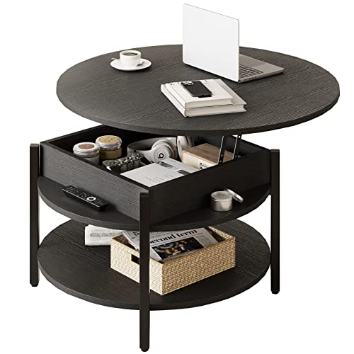 FABATO Round Lift Top Coffee Table for Living Room, 35.43'' Round Coffee Table with Storage and Hidden Compartment, 2 Tier Large Farmhouse Coffee Table Round Dining Table, Black - WoodArtSupply