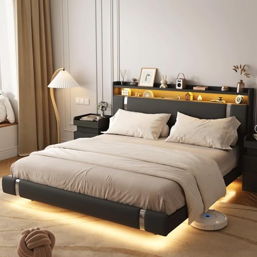 Seeday Floating Bed Frame with Storage Headboard, Modern Black King Size Bed Frame with LED Light and Charging Station, Upholstered Platform Bed Frame, No Box Spring Needed, Metal Frame Noise-Free Seeday