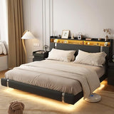 Seeday Floating Bed Frame with Storage Headboard, Modern Black King Size Bed Frame with LED Light and Charging Station, Upholstered Platform Bed Frame, No Box Spring Needed, Metal Frame Noise-Free Seeday