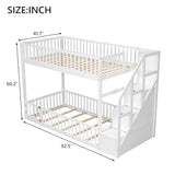 SOFTSEA Twin Over Twin Floor Bunk Bed with Storage Stairs, Solid Wood Low Bunk Bed Frame with Door & Guardrails, Space-Saving Stairway Bunk Beds for Kids Teens & Adults, White SOFTSEA