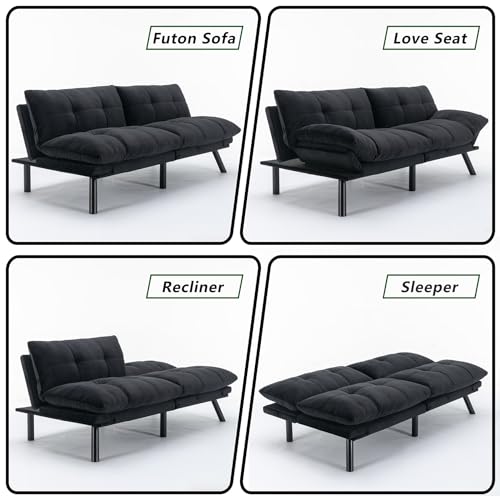 71" Velvet Futon Couch Bed with Mattress Included,Convertible Folding Sleeper Sofa Bed with Adjustable Backrests,Modern Loveseat Sleeper for Living Room Bedroom Small Space Home Office (Black) MWrouqfur