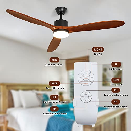 Depuley 52" Ceiling Fan with Lights Remote Control, Indoor Outdoor Ceiling Fan with 3 Solid Rubber Wood Blade, Noiseless AC Motor Wood Ceiling Fan for Living Room, Bedroom, Patio, Timer