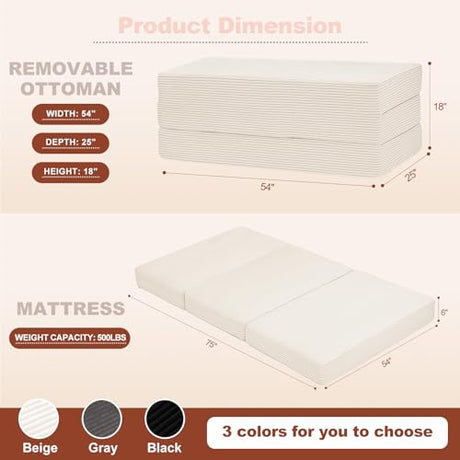 6-Inch Tri-Fold Foldable Mattress, Folding Sofa Bed with Removable Washable Cover, Portable Futon Mattress Full Size Floor Guest Mat with Non-Slip Bottom & Carry Handles for Camping (Beige, Full) AOLVDOW