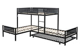 Livavege L-Shape Triple Bunk Bed with Trundle for 4 Kids/Teens/Adults, Metal Bunk Bed Twin Over Twin with Textilene Guardrail, Wood Slats, Low Bunkbed Frame for Dorm, Bedroom, Guest Room Livavege