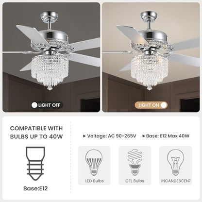 Moooni 52 Inch Modern Crystal Ceiling Fan with Lights and Remote, Elegant Chandelier Fan Light KIt Fandelier with 5 Wooden Blades for Bedroom Living Room Silver - WoodArtSupply