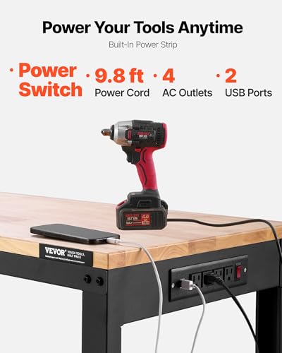 VEVOR Adjustable Workbench, 48 x 20-inch Heavy Duty Work Bench with 28.5-38.3 Inches Height Adjustment, 2000 lbs Capacity Garage Workbench with Power Outlets, Suitable for Office, Garage, Workshop VEVOR