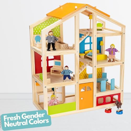 PIDOKO KIDS Skylar Wooden Dollhouse - Includes 20 Pcs Furniture Accessories, 5 Family Dolls and a Pet Dog - Wood Doll House for 3 4-5 Year Old Girls