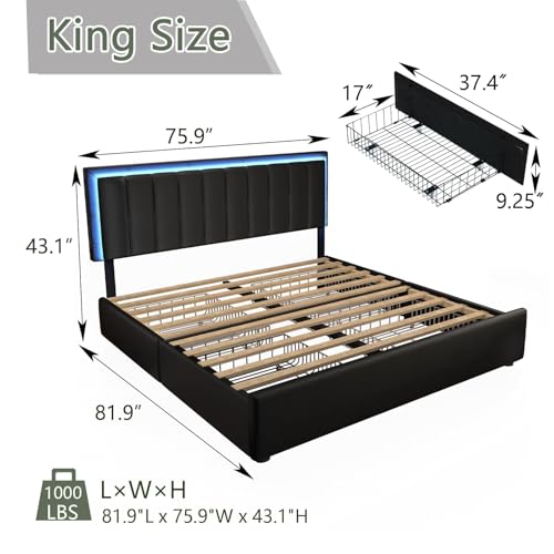 IMMERSTABLE King Size Bed Frame with 4 Storage Drawers, Upholstered Bed Frames with Headboard, RGB LED Lights, Heavy Duty Metal and Wood Slat Support, No Box Spring Needed, Easy Assembly, Black IMMERSTABLE