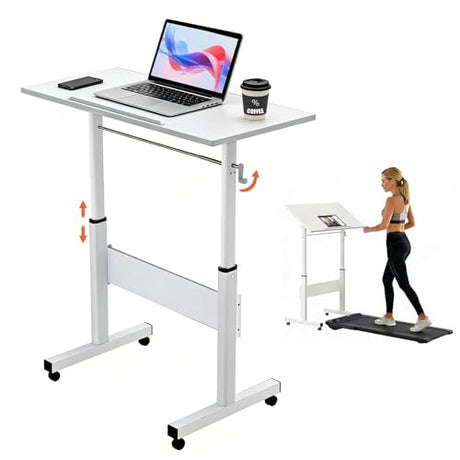 Hand Crank Small Standing Desk, Adjustable Height 27.76-40", Tiltable Tabletop with Wheels, Portable Laptop Computer Table, Rolling Podium Mobile Stand Up Desk for Walking Pad Treadmill, Home Office huacz