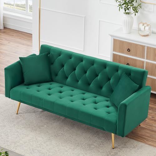 71" Modern Velvet Sofa Bed Futon, Convertible Sleeper Couch with Adjustable Backrest, Tufted Recliner Loveseat with Golden Chrome Legs & 2 Pillows for Small Spaces, Living Room, Apartment (Green) Generic