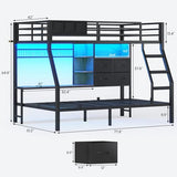 BTHFST Bunk Bed Twin Over Twin with 4 Storage Drawers & Shelves & Bedside Caddy, Twin Bunk Beds with Charging Station & LED Lights, Metal Loft Bed with Safety Guardrail & Angled Ladder, Black & Grey BTHFST