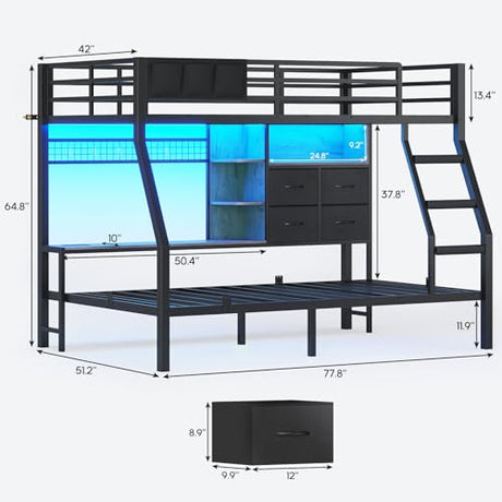 BTHFST Bunk Bed Twin Over Twin with 4 Storage Drawers & Shelves & Bedside Caddy, Twin Bunk Beds with Charging Station & LED Lights, Metal Loft Bed with Safety Guardrail & Angled Ladder, Black & Grey BTHFST