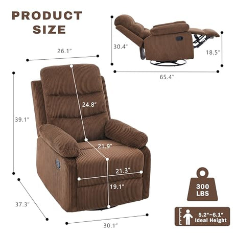 GAOHAPY Rocking Recliner Chair,Modern Swivel Glider Recliner Chair,Corduroy Fabric Upholstery Recliner,Manual Reclining Sofa Chair for Living Room,Office,Apartment (Brown) GAOHAPY