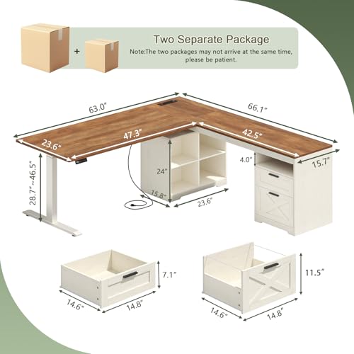 YOMILUVE Farmhouse L Shaped Standing Desk, 66 inch Corner Electric Standing Desk with Drawers ＆ Storage Shelves, Height Adjustable Computer Desk with Power Outlets for Home Office, Antique White YOMILUVE