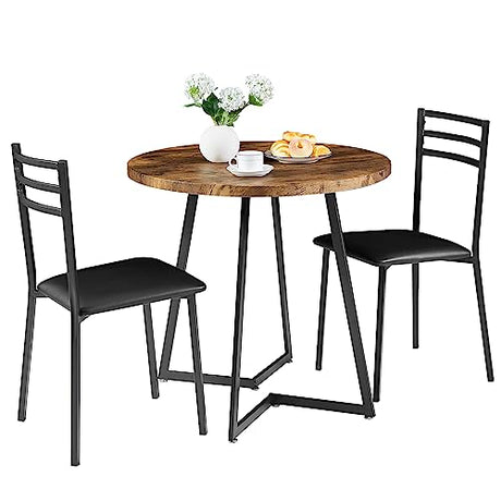 VECELO Small Round Kitchen Table with 2 Upholstered Chairs, 3-Piece Wood Dinette Sets with Steel Frame for Breakfast Nook, Dining Room, and Small Space, Brown VECELO