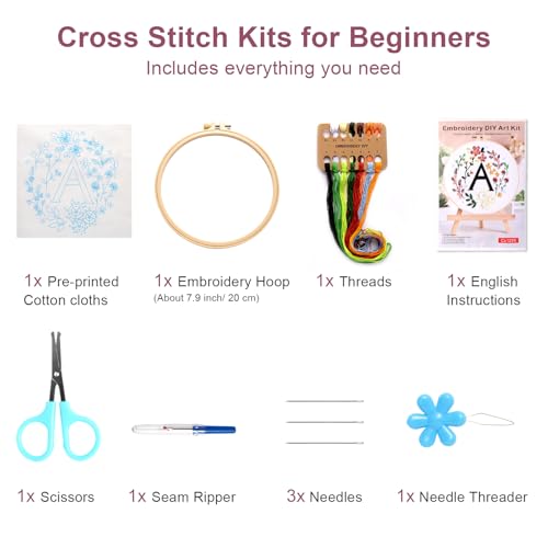 Haootadiy Beginner Embroidery Kit for Adults, Easy Cross Stitch Kit for Beginners and Adults, Full Embroidery Hoop Kit with Needles and Thread Included (Pattern 1)