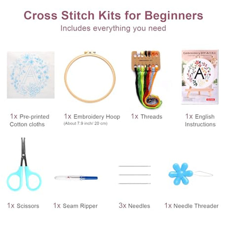 Haootadiy Beginner Embroidery Kit for Adults, Easy Cross Stitch Kit for Beginners and Adults, Full Embroidery Hoop Kit with Needles and Thread Included (Pattern 1) Haootadiy
