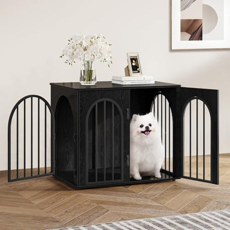 Hzuaneri 26.8'' Wooden Dog Crate Furniture, Indoor Dog Kennel Dogs Cage for Small Dogs, Heavy Duty Dog Crates Decorative Pet House End Side Table TV Stand, Black DFC85504B Hzuaneri