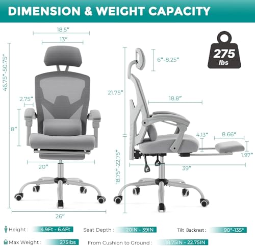 DUMOS Home Office Desk Chair with Footrest, High-Back Mesh Rolling Swivel Reclining Chairs with Wheels, Comfortable Headrest, Lumbar Support, Comfy Arms for Home, Office, Gaming, Student,Elegant Grey DUMOS