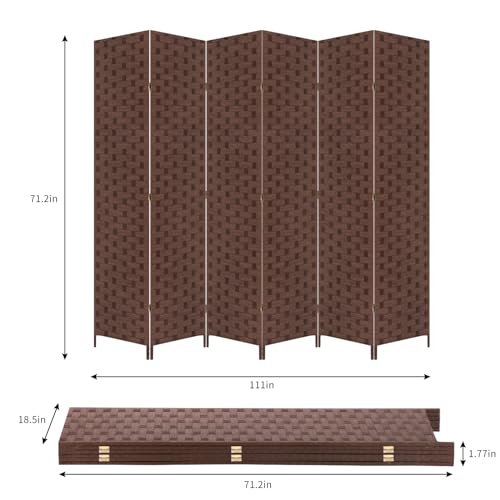 6 Panel Folding Portable Partition Screen ，71”high， Room Divider Wood Screen with Bamboo Mesh Woven Design Room Dividers Privacy Screens Dividers for Home Office Restaurant Bedroom, Brown RROCOSIA