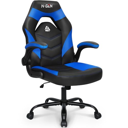 N-GEN Video Gaming Chair Ergonomic Computer Desk Office Chair with Lumbar Support Adjustable Height Swivel Wheels Flip-Up Arms PU Leather Home and Office (Blue) NEO CHAIR