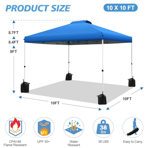 WEIZE Pop up Canopy Tent 10x10ft, 1-Button Push Setup, Instant Portable Shelter, Adjustable Height, Portable Roller Bag, 4 Weight Bags, Guy Ropes & Stakes Included Blue WEIZE