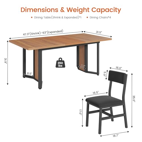 Itaar 5-Piece Dining Table Set for 4-6 People, 63" Extendable Kitchen Table and 4 Cushion Chairs, Dining Room Table with MDF Board & Metal Frame for Small Space, Easy Clean, Brown Itaar