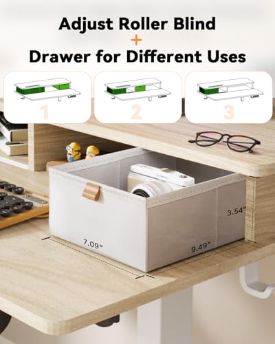 JOY worker Small Electric Standing Desk, 35" x 25" Height Adjustable Desk with Built-in Monitor Stand & Storage Drawer, White Sit Stand Desk with 2 Hooks for Home Office, Light Walnut JOY worker