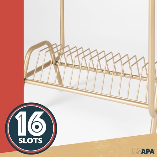 Ilyapa 2-Tier Gold Metal Record Player Stand with 16 Slot Vinyl Record Holder - Honeycomb Design Turntable Shelf with Vinyl Shelf Ilyapa