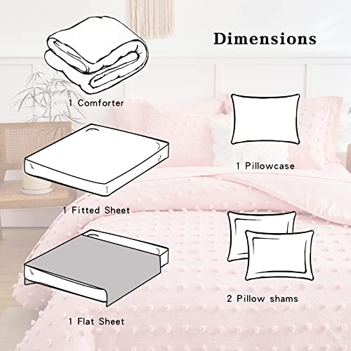 6 Pieces Tufted Dots Bed in a Bag Twin Comforter Set Girls Pink , Soft and Embroidery Shabby Chic Boho Bohemian Comforters, Luxury Solid Color with Pom Pom Design, Jacquard Tufts Bedding Set for Kids Flysheep