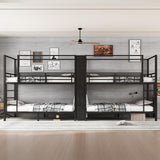 Full Size Quadruple Metal Bunk Bed with Wardrobe & Storage Shelves, Quadruple Metal Bunk Bed Frame with Noise-Reduced Design (Black/Full) MERITLINE