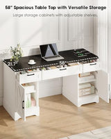 HOPUBUY Farmhouse Executive Desk with File Drawers,Wood Home Office Desk w/Charging Station,Adjustable Storage Cabinets,White Computer Writing Desk for Work,Study HOPUBUY