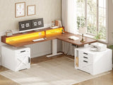 SEDETA Farmhouse L Shaped Standing Desk, 71" x 73" Height Adjustable Home Office Executive Desk with Drawers, Power Outlet, Monitor Stand, Sit Stand Table with Led Lights for Home Office, White SEDETA