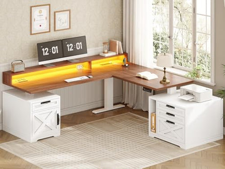 SEDETA Farmhouse L Shaped Standing Desk, 71" x 73" Height Adjustable Home Office Executive Desk with Drawers, Power Outlet, Monitor Stand, Sit Stand Table with Led Lights for Home Office, White SEDETA