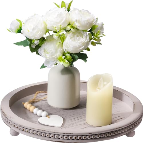 Handmade Wooden Serving Tray, Small Beaded Coffee Table Tray Decor, Grey Round Decorative Tray for Coffee Table, Dining Room Table Entryway and KULEDM