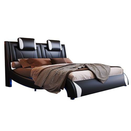 Jocisland LED Queen Bed Frame, Modern Faux Leather Upholstered Platform Bed Frames with Headrest Headboard, Low Profile Bed with Wave-Like Curve Design, No Box Spring Needed, Easy Assembly, Black Jocisland