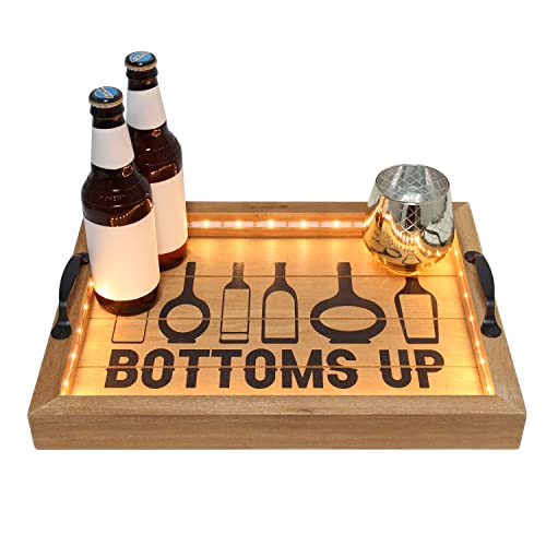 Elegant Designs HG2032-NBU Salento Farmhouse Rectangle Decorative LED Light Up Wooden Serving Tray w Black Metal Handles & Bottoms Up in Black for Décor, Centerpiece, Breakfast, Coffee,Bar, Natural Elegant Designs