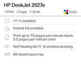 HP DeskJet 2827e Wireless All-in-One Color Inkjet Printer, Scanner, Copier, Best-for-Home, 3 Month Instant Ink Trial Included, AI-Enabled (6W7F5A)
