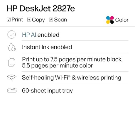 HP DeskJet 2827e Wireless All-in-One Color Inkjet Printer, Scanner, Copier, Best-for-Home, 3 Month Instant Ink Trial Included, AI-Enabled (6W7F5A) HP