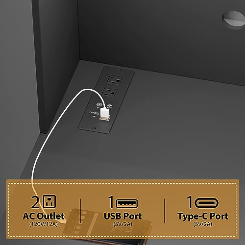 LVSOMT Home Office Desk with Hutch and Drawers, Modern Computer Gaming Desk with LED Lights & Power Outlets, Black Study Table with Storage Shelves, Teen Writing Desk for Bedroom, 31.5'' W LVSOMT