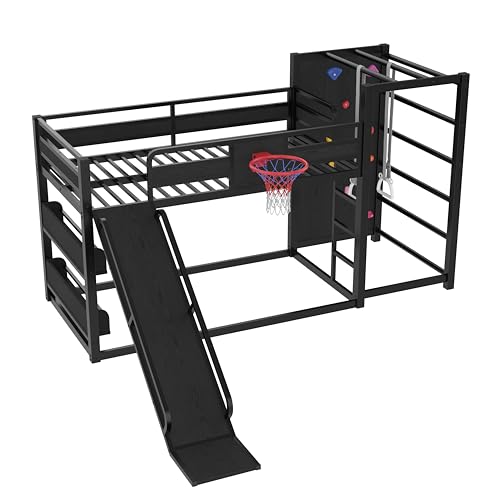 SOFTSEA Twin Size Gaming Loft Bed with Slide, Heavy Duty Metal Loft Bed with Basketball Hoop, Climbing Wall & Pull Up Rings for Kids Teens Adults, No Noise, Black SOFTSEA