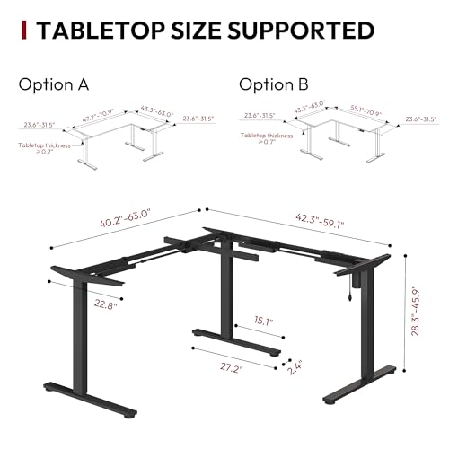 SANODESK Electric Height Adjustable 3-Leg L Shaped Standing Desk Frame, Support up to 220lbs, Sit Stand Ergonomic L Desk Frame Only, Black SANODESK
