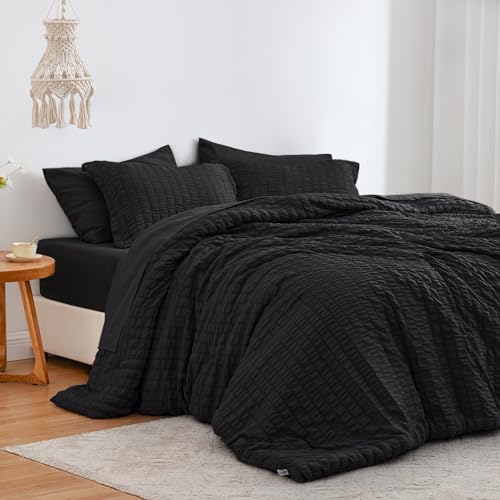 Love's cabin Seersucker Black King Size Comforter Set, 7-Piece All Season Lightweight Bed in a Bag Bedding Set with Comforter, Flat Sheet, Fitted Sheet, Pillowcases and Shams Love's cabin